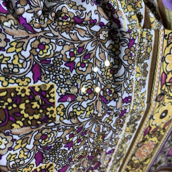 Women Patchwork Print Paisley Top Sz M Y2K Boho Indie Artsy Bling Slinky Stretch - Picture 2 of 10